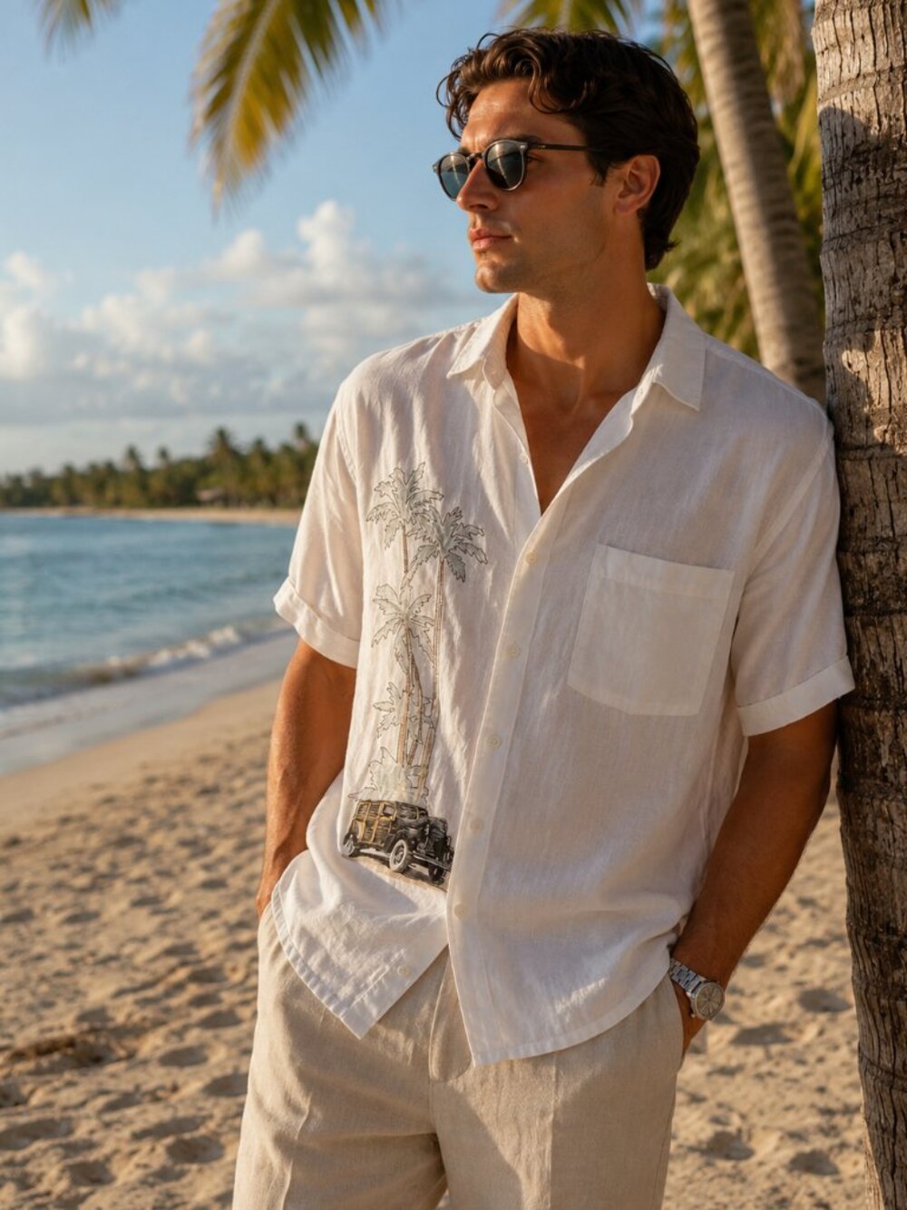 Cubavera Linen Blend Camp Shirt Men’s XL White Palm Tree Embroidered Luxury